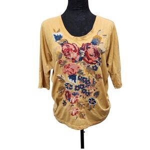 JW Los Angeles Top‎ Women's Small Mustard Floral Embroidered 3/4 Sleeve